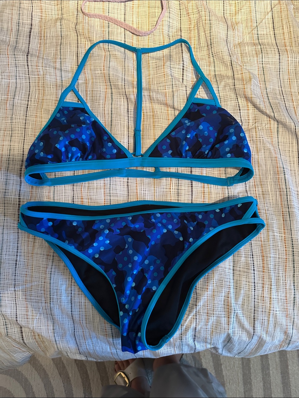 TYR Blue Polka Camo Trim T-Back Bikini Set